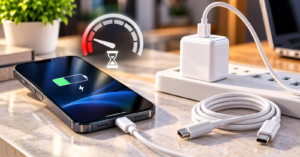 أسباب بطء شحن الهاتف مع شاحن وكابل USB-C وحلول اختيار ملحقات الشحن المناسبة.
