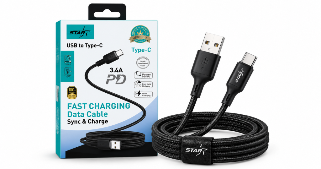 كابل شحن ونقل بيانات سريع USB إلى تايب سي من ستار STAR 3.4A